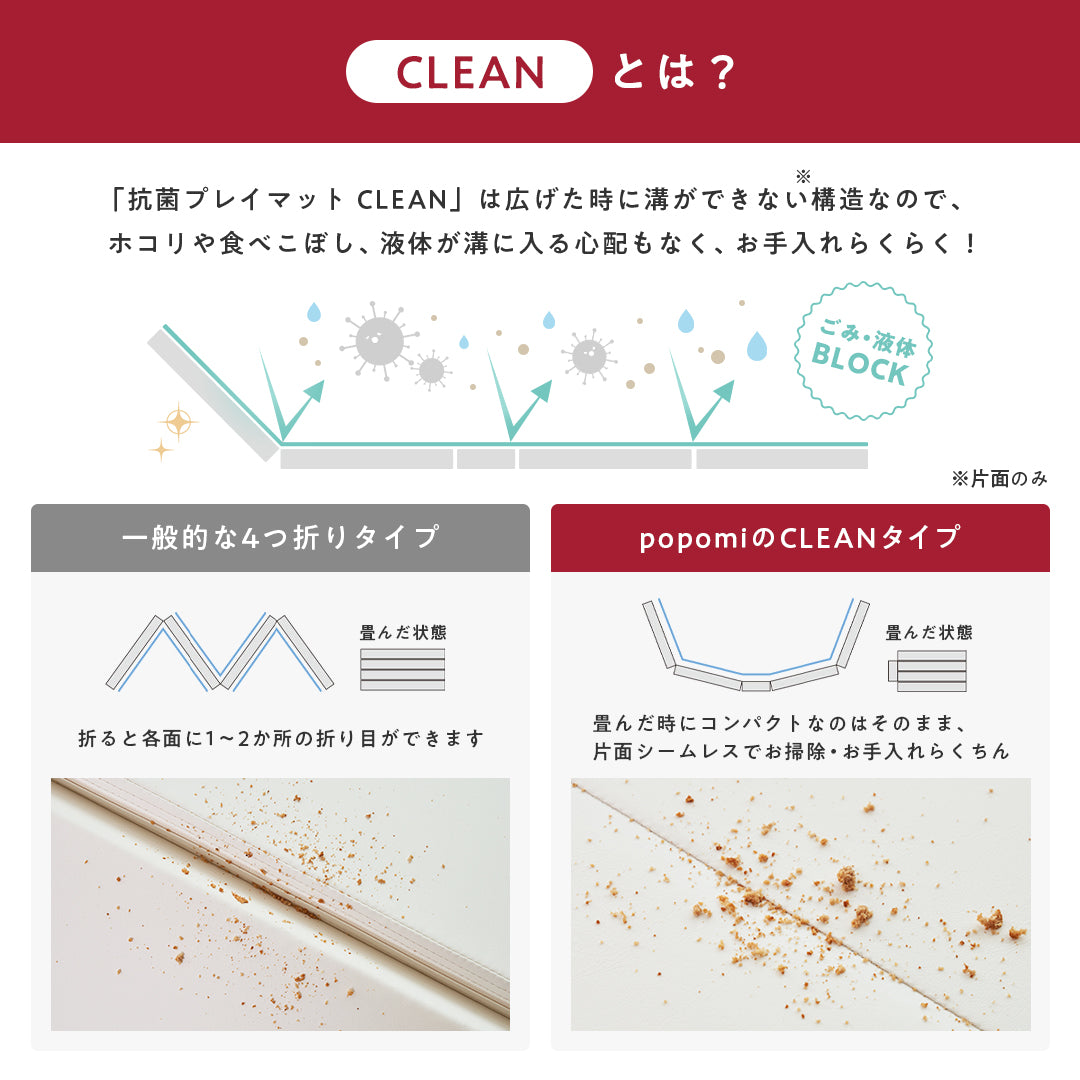 抗菌 プレイマット CLEAN シームレス ベビー マット 床暖房対応 マットレス 折りたたみ ベビーマット 赤ちゃん 子供 子ども こども クッション クッションマット フロアマット コンパクト 大判 北欧 出産祝い 折り畳み モノトーン 無地 popomi